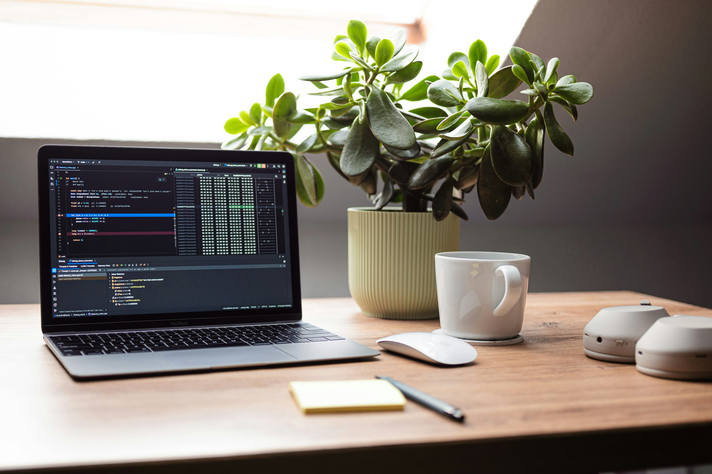 Developer workspace with code on screen