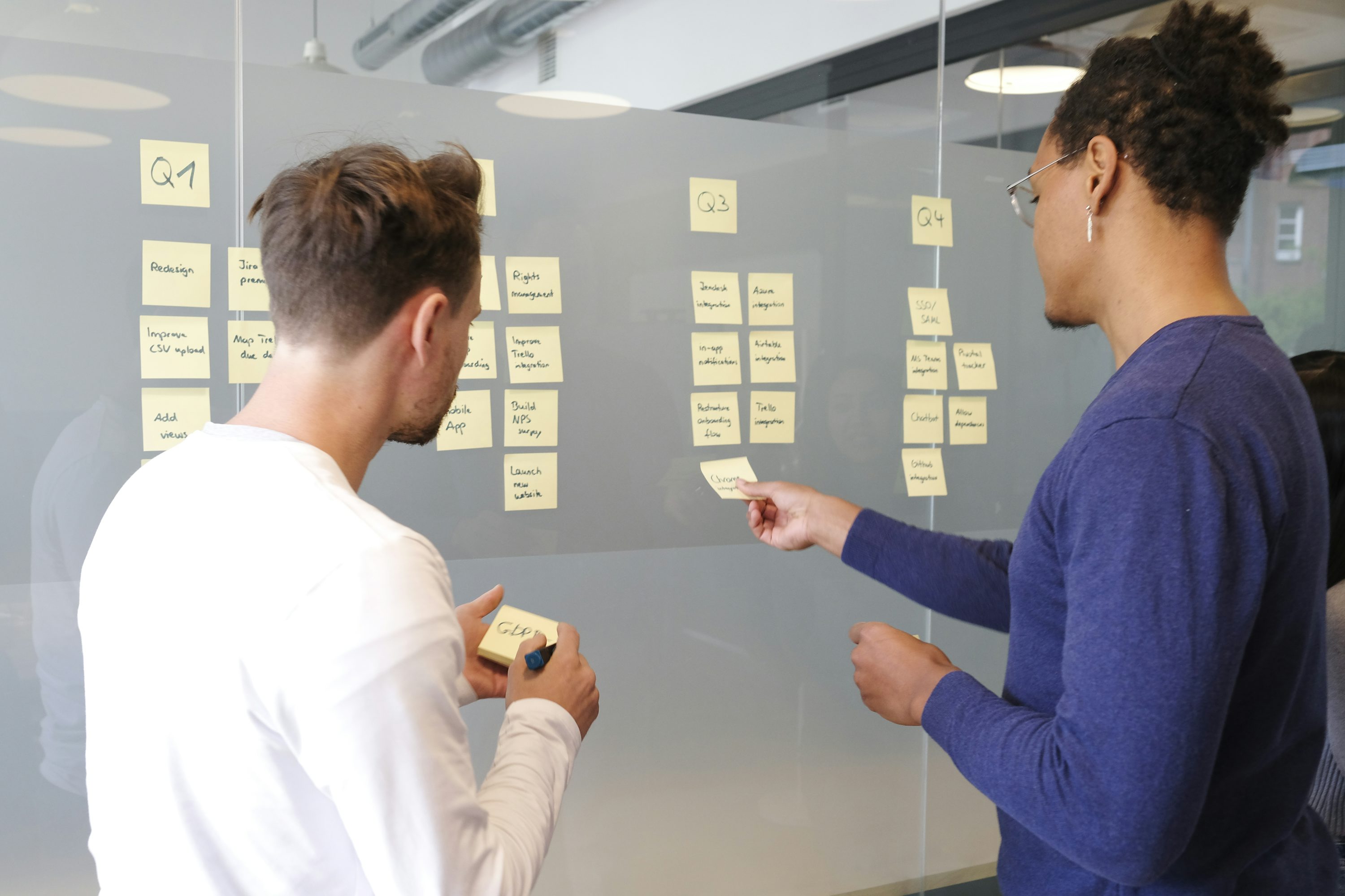Team planning work with sticky notes
